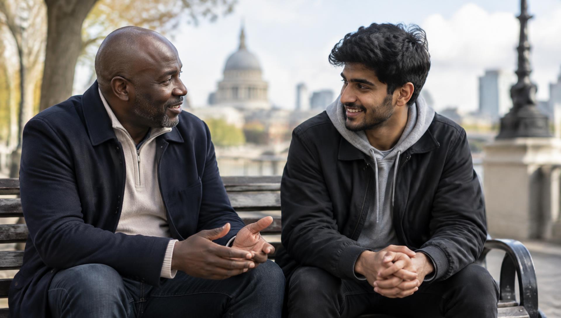 A mentor and a young man in conversation on a bench in a UK city